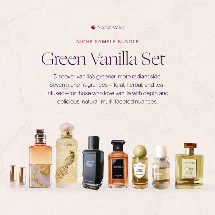 82. Green Vanilla Sample Set — 7 Niche Fragrances | Eco-friendly & Artful