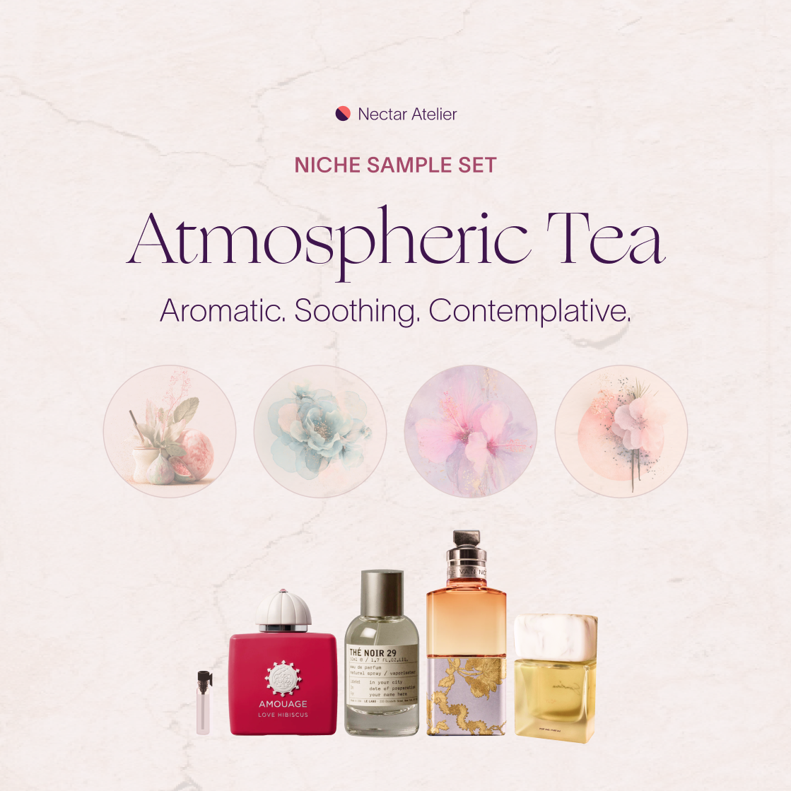 Atmospheric Tea Set | Artisanal Perfume Samples .5ml, 1ml, 2ml luxe, eco, artful samples decants by Nectar Atelier