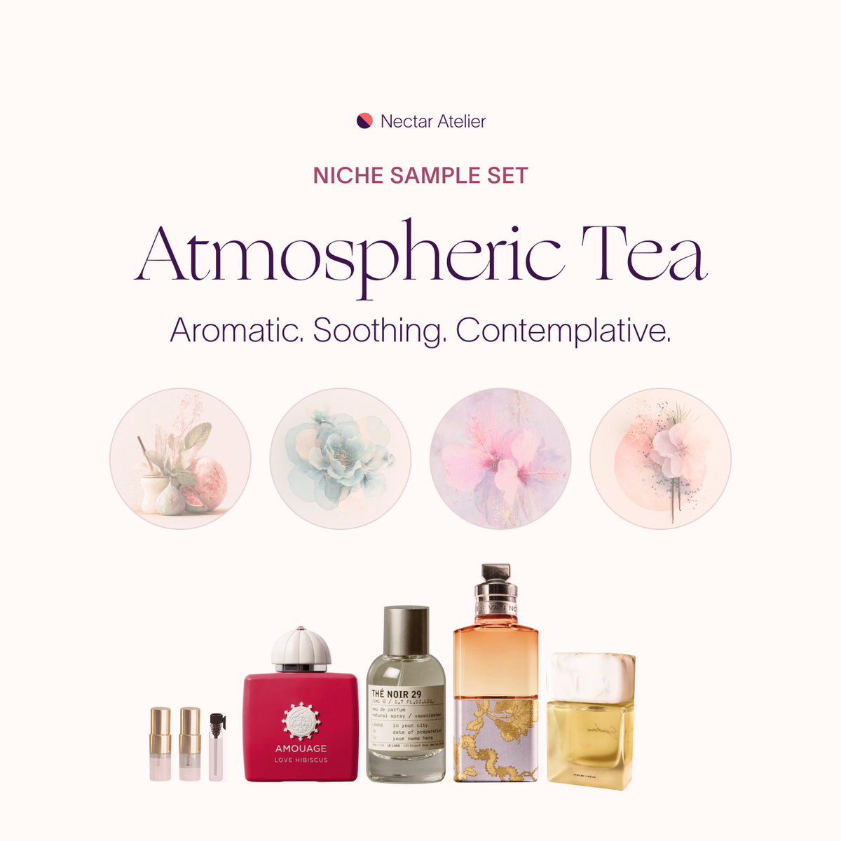 Atmospheric Tea Set | Artisanal Perfume Samples .5ml, 1ml, 2ml luxe, eco, artful samples decants by Nectar Atelier