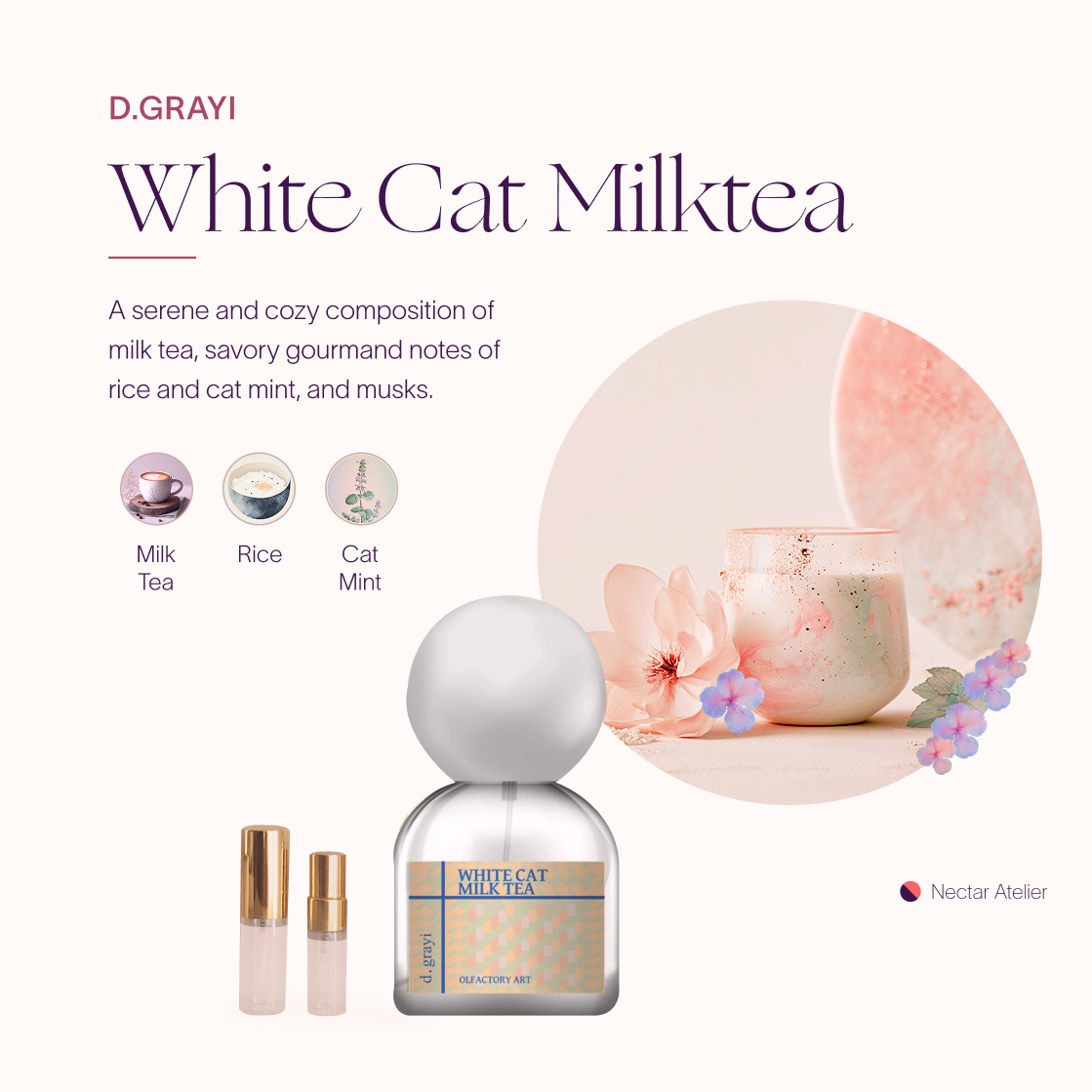 d.grayi White Cat Milktea | Luxe Samples 1ml, 2ml, 3ml, 5ml and art collage by Nectar Atelier