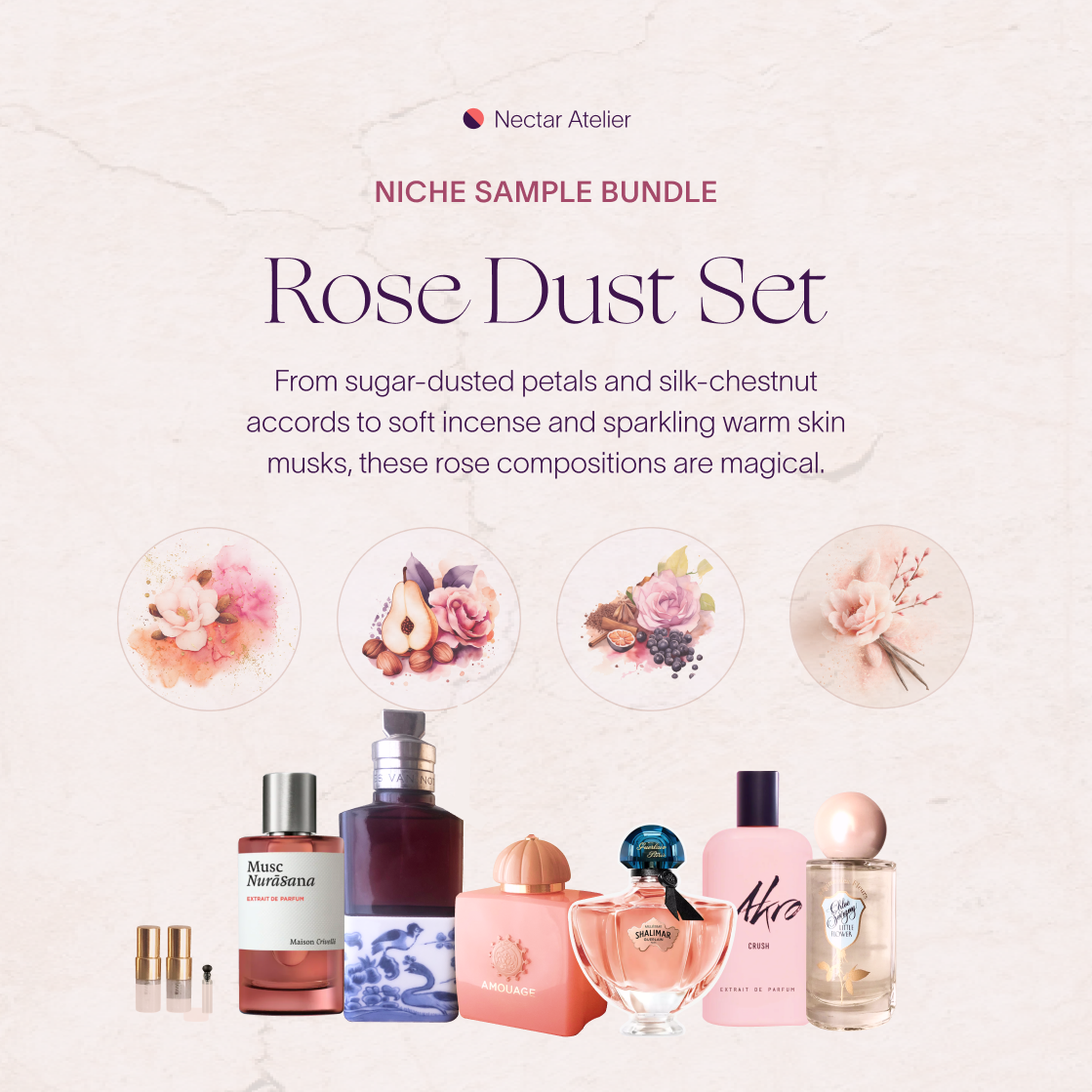 Rose Dust | Artisanal Luxe Sample Set with art illustrations 1ml, 2ml, 3ml