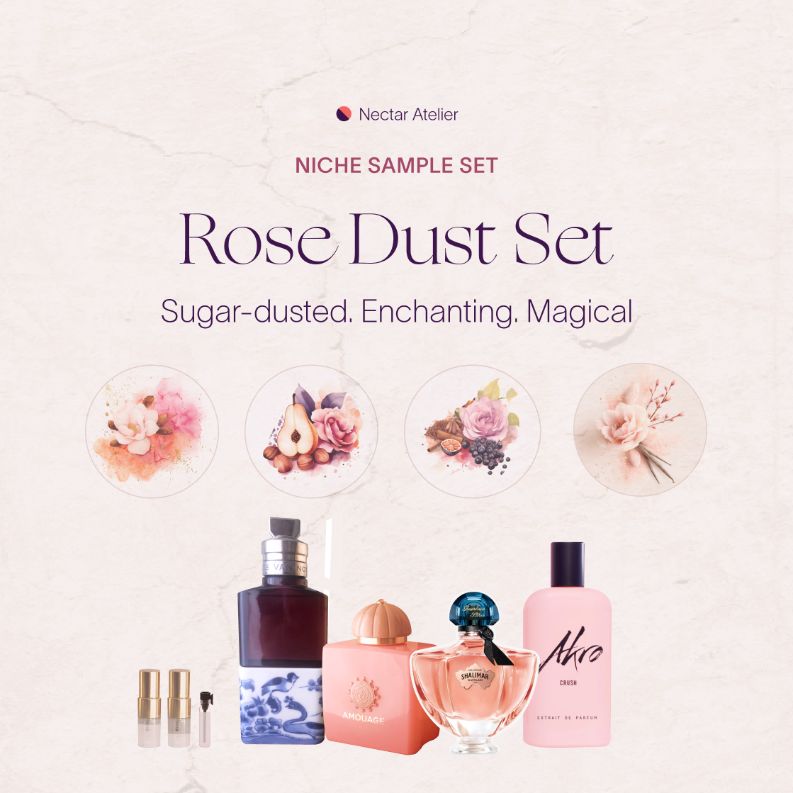 Rose Dust | Artisanal Luxe Sample Set with art illustrations 1ml, 2ml, 3ml