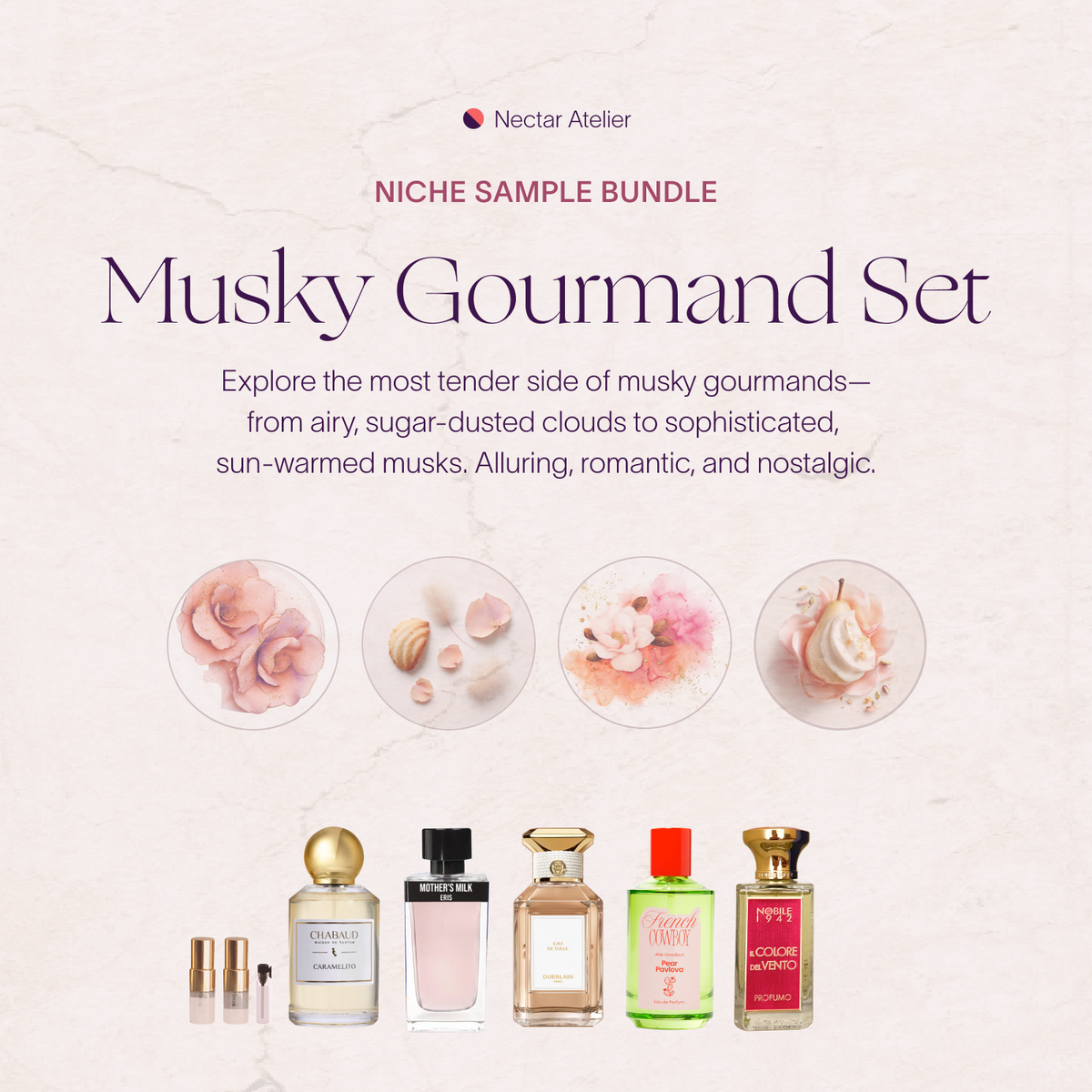 Musky Gourmand Sample Set 1ml, 2ml, 3ml Luxe, eco, artful samples and art collages by Nectar Atelier