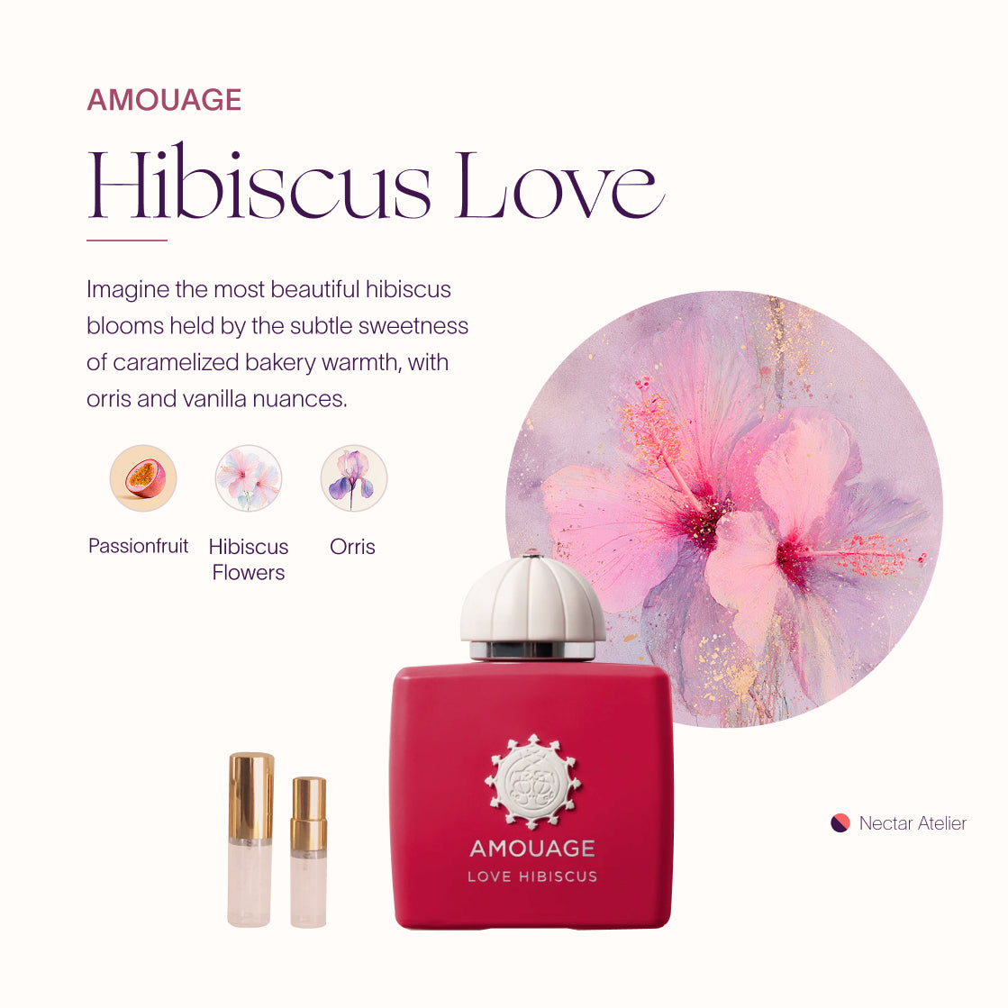 Love Hibiscus by Amouage | Luxe Samples 1ml, 2ml, 3ml, 5ml and art collage by Nectar Atelier
