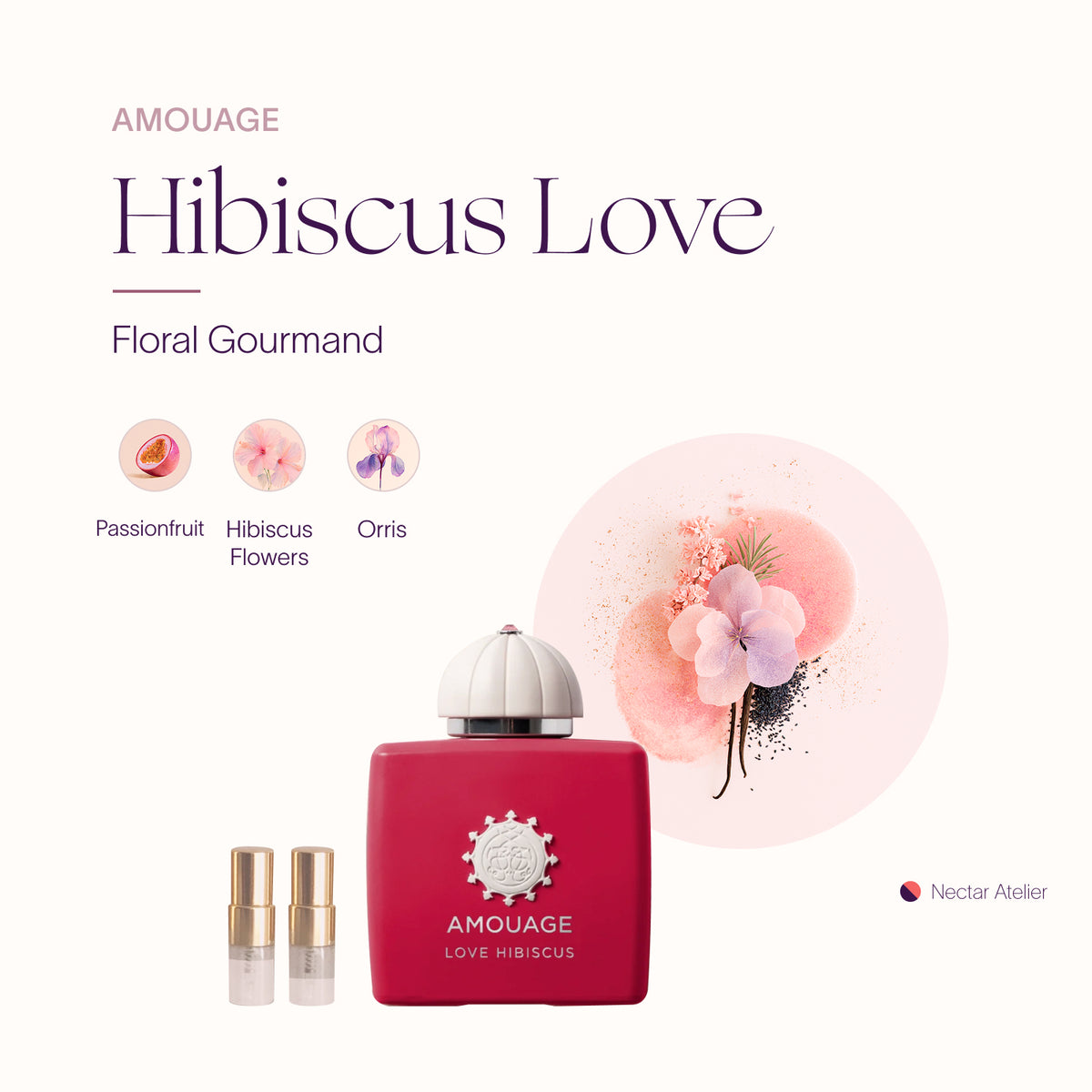 Luxe, eco, artful samples of Love Hibiscus by Amouage in 1ml, 2ml sizes by Nectar Atelier