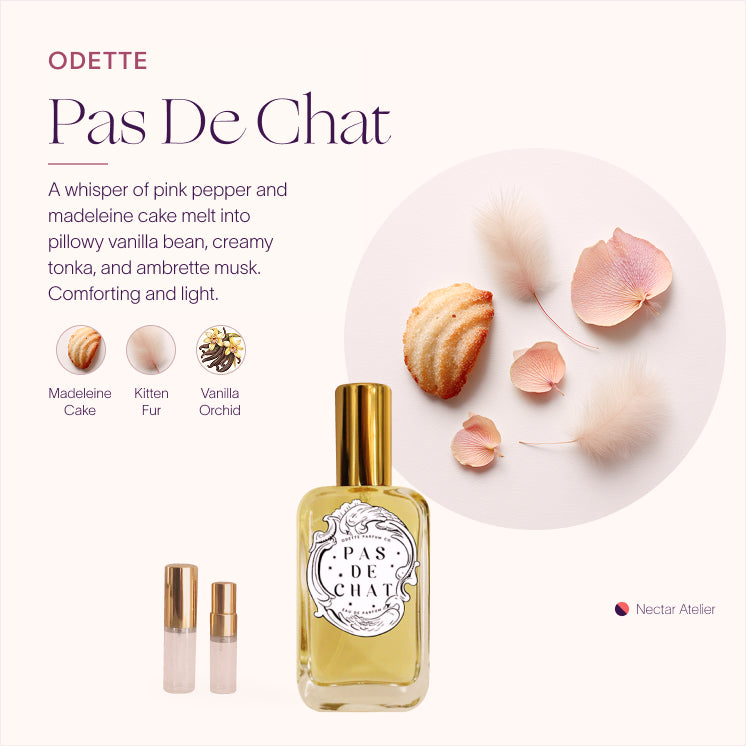 Odette Pas de Chat | Kitten Musk Set | Artisanal Luxe Fragrance Samples 1ml, 2ml and art collage by Nectar Atelier