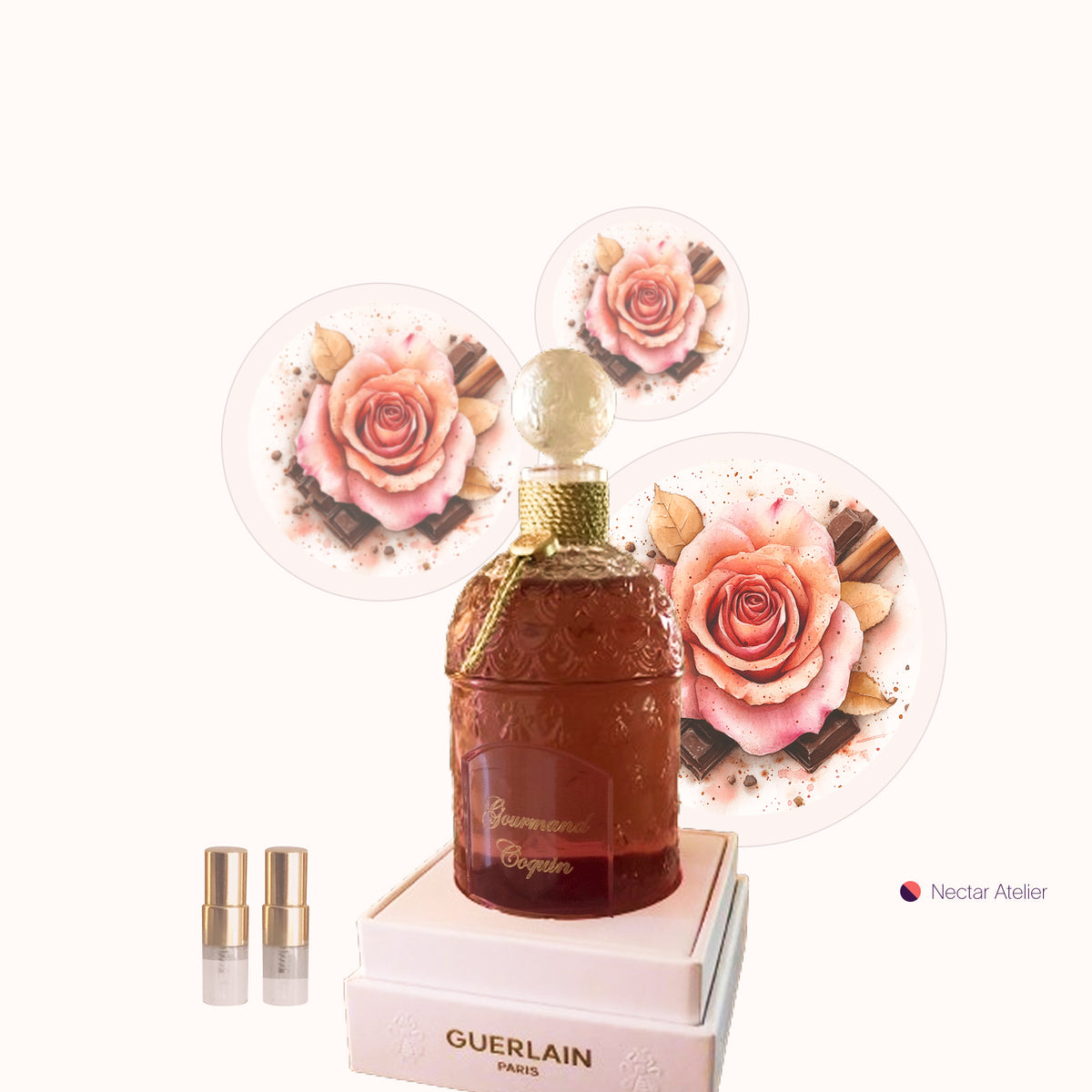 Luxe, authentic, artful samples of Guerlain Gourmand Coquin in 1ml, 2ml sizes by Nectar ATelier