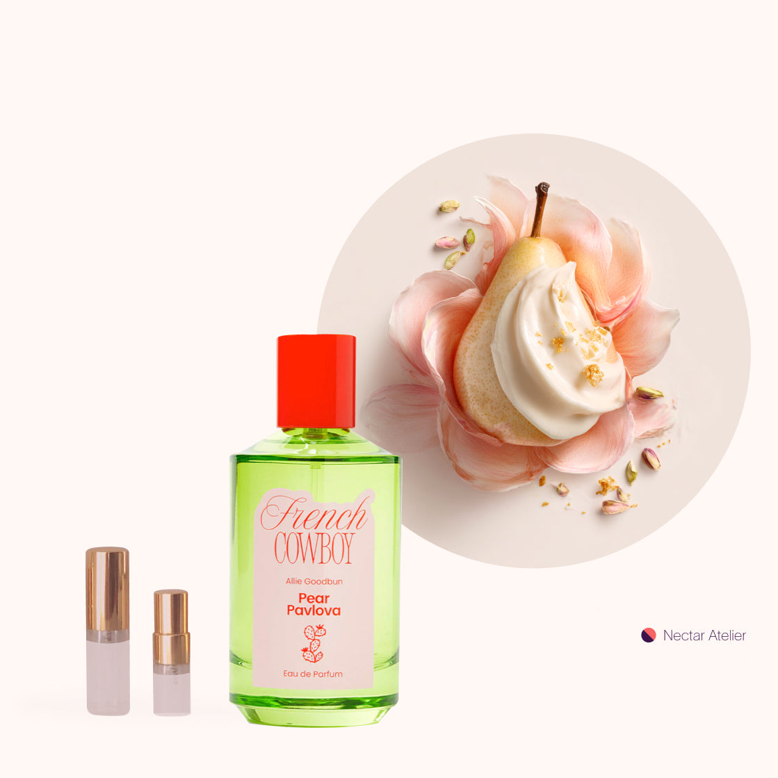 French Cowboy Pear Pavlova Samples 1ml, 2ml, 3ml, 5ml, 10ml and art collage by Nectar Atelier