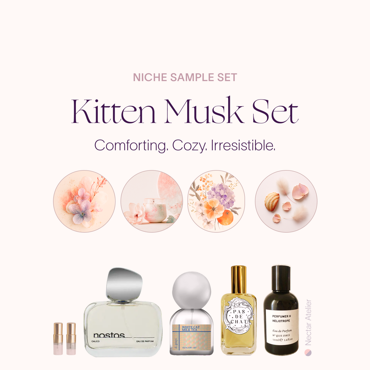 Kitten Musk Set | Artisanal Luxe Fragrance Samples 1ml, 2ml and art collage by Nectar Atelier