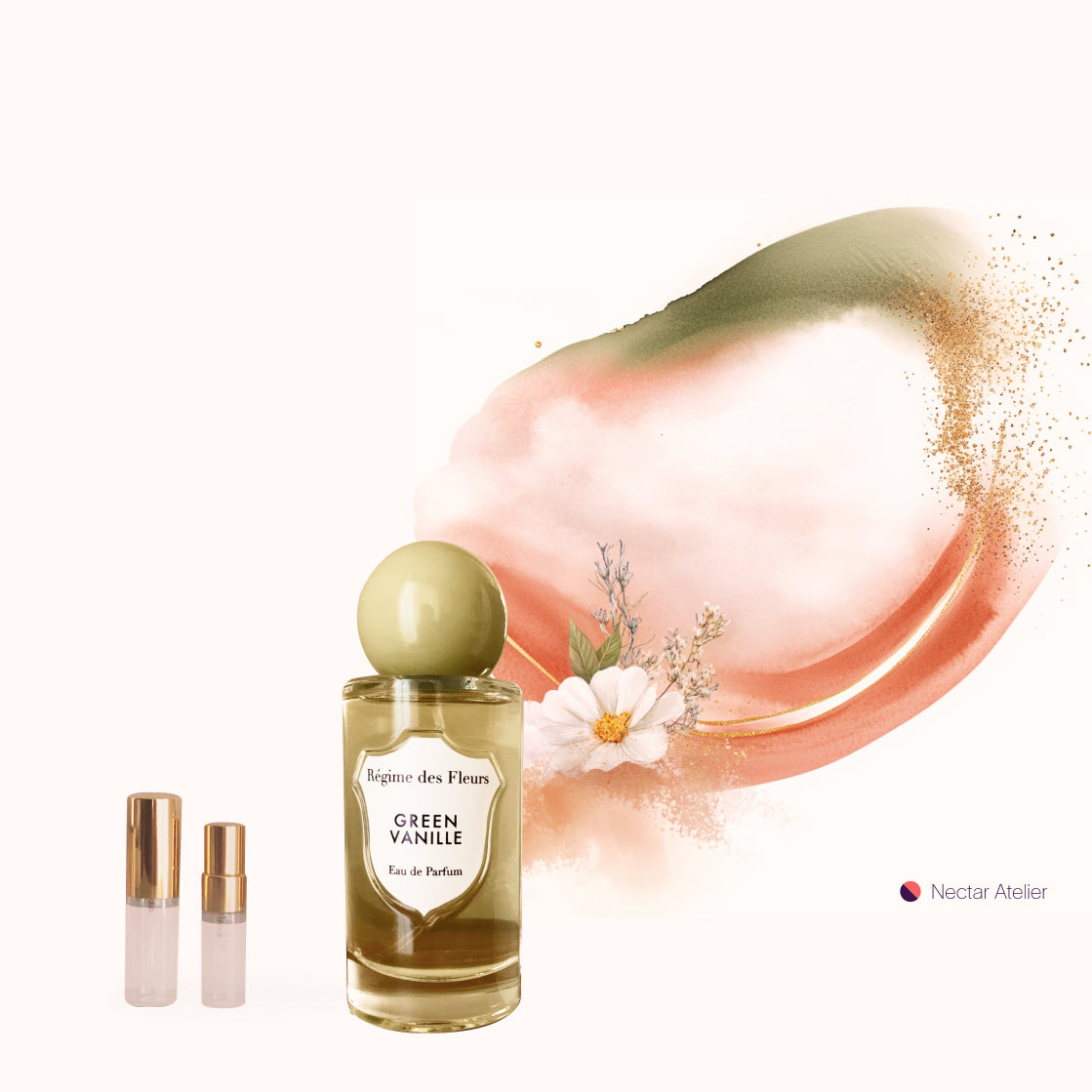 Régime des Fleurs Green Vanille Samples & Decants 1ml, 2ml, 3ml, 5ml and art collage by Nectar Atelier