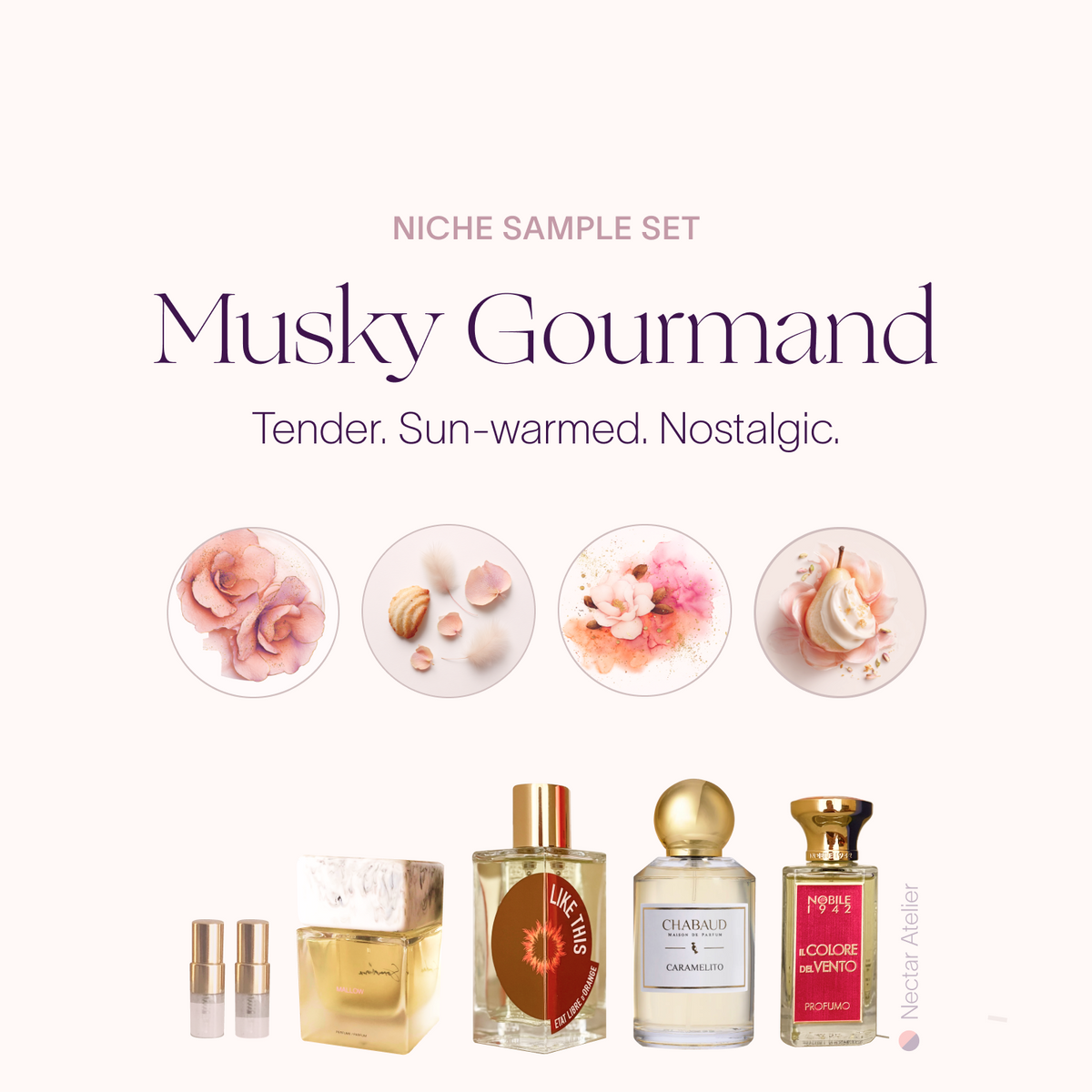 Musky Gourmand Sample Set 1ml, 2ml Luxe, eco, artful samples and art collages by Nectar Atelier