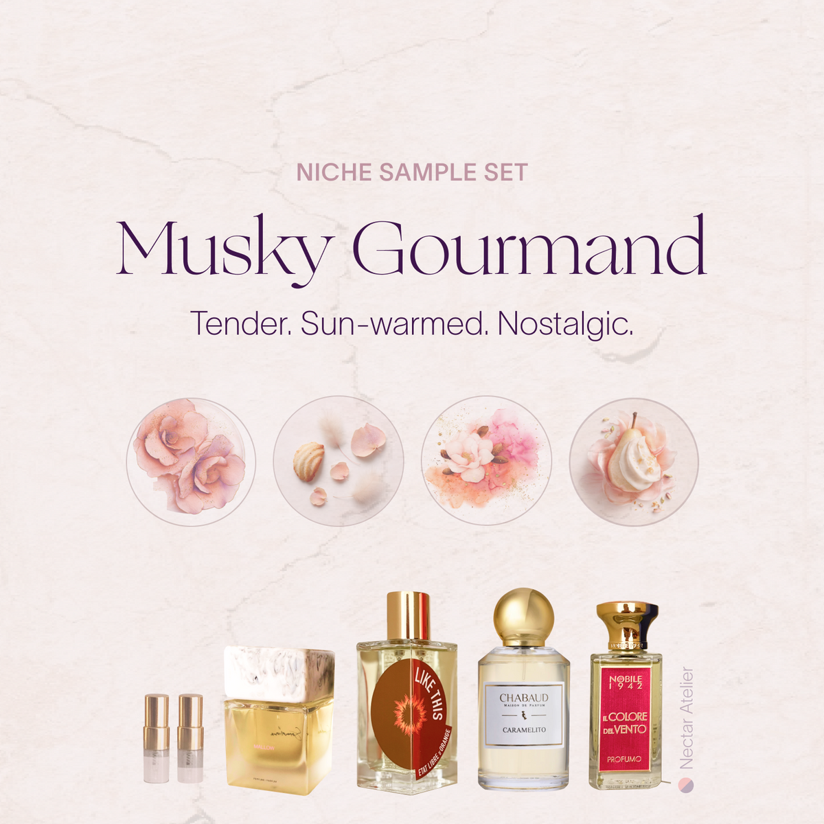 Musky Gourmand Sample Set 1ml, 2ml Luxe, eco, artful samples and art collages by Nectar Atelier
