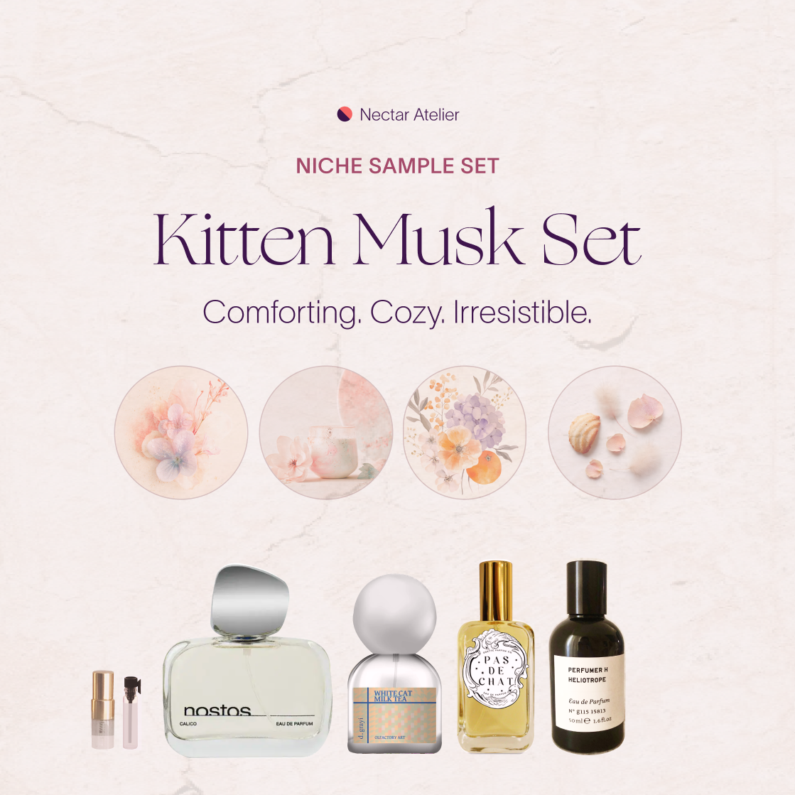 Kitten Musk Set | Artisanal Luxe Fragrance Samples 1ml, 2ml and art collages by Nectar Atelier