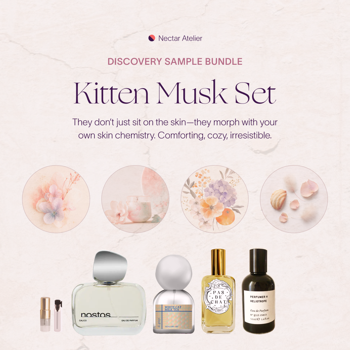 Kitten Musk Set | Artisanal Luxe Fragrance Samples 1ml, 2ml and art collages by Nectar Atelier