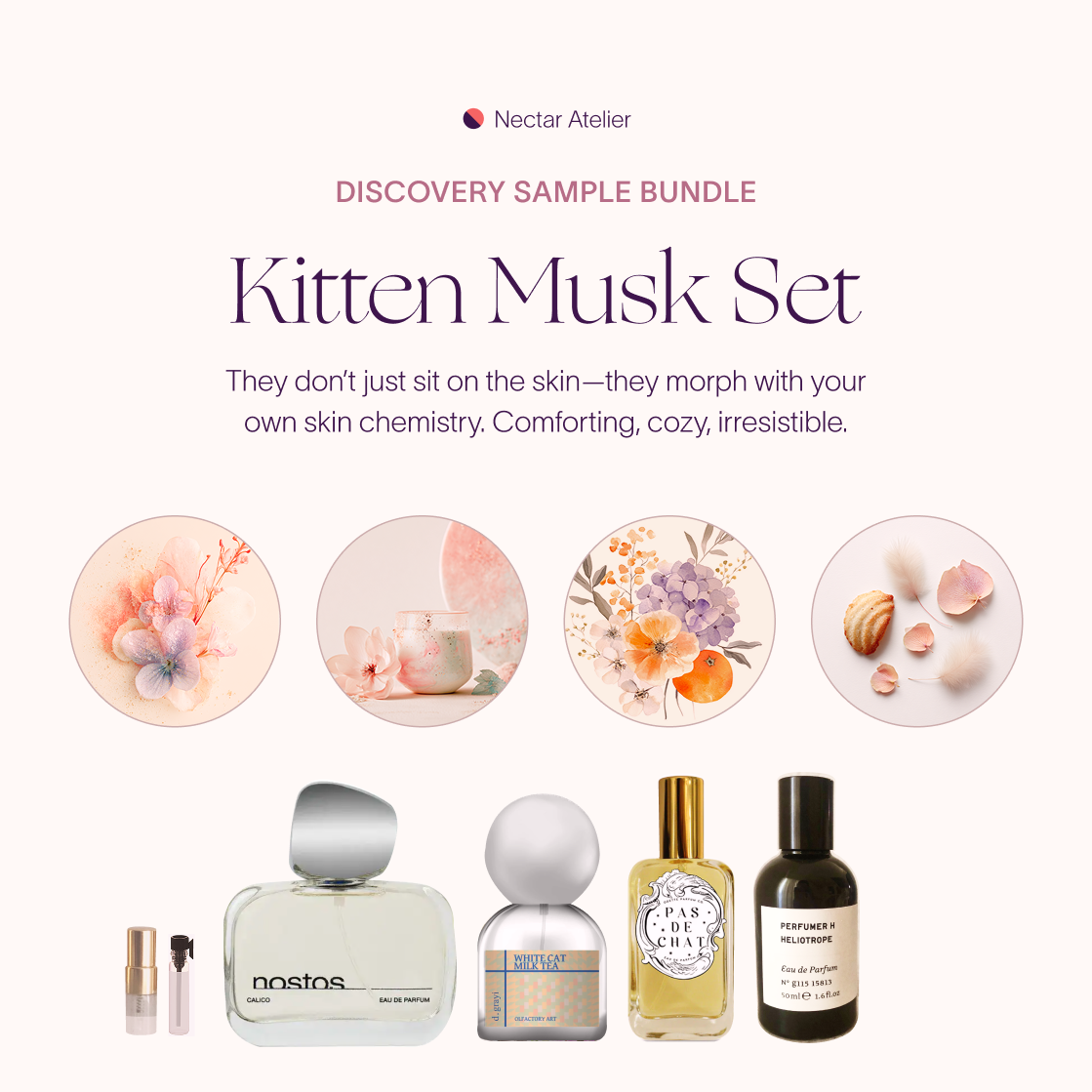 Kitten Musk Set | Artisanal Luxe Fragrance Samples 1ml, 2ml and art collages by Nectar Atelier