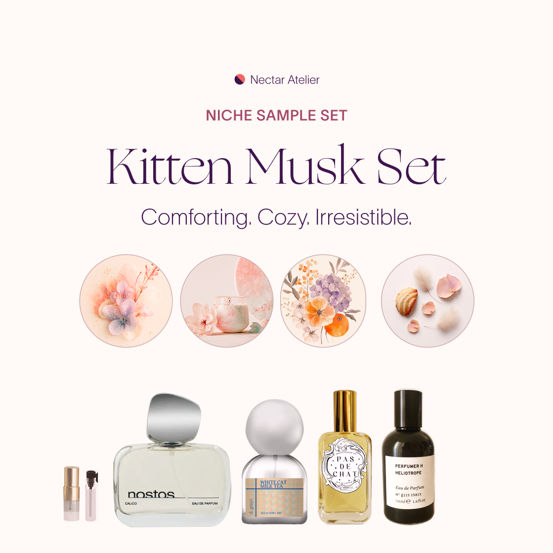 Kitten Musk Set | Artisanal Luxe Fragrance Samples 1ml, 2ml and art collages by Nectar Atelier