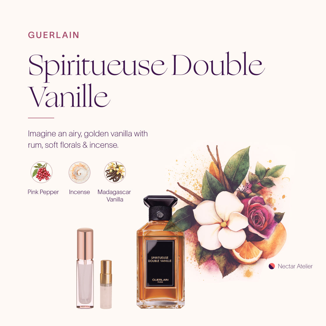 Guerlain Spiritueuse Double Vanille authentic, artful, eco-friendly, Luxe Samples 1ml, 2ml, 3ml, 5ml sizes by Nectar Atelier. 