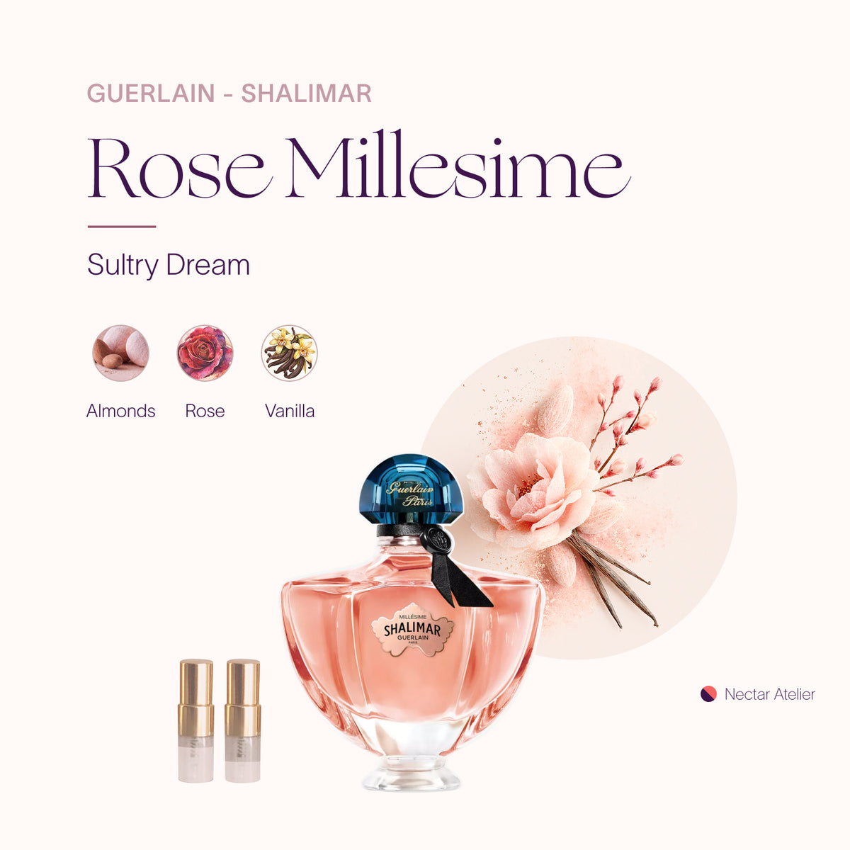 Luxe, eco, artful samples of Guerlain Millésime Rose 1ml 2ml sizes by Nectar Atelier
