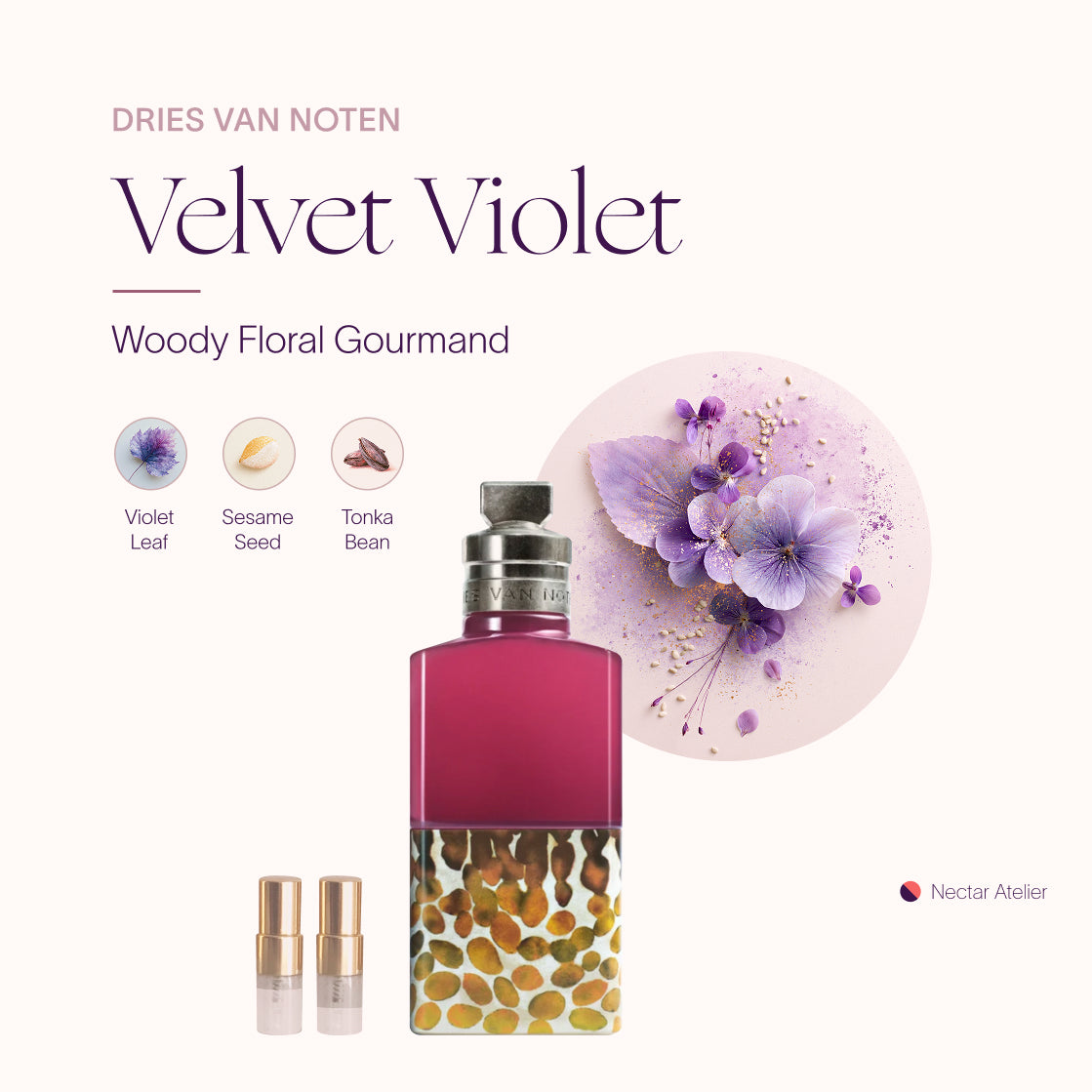 Velvet Violet by Dries Van Noten Perfume Sample Set 1ml 2ml and art collage by Nectar Atelier