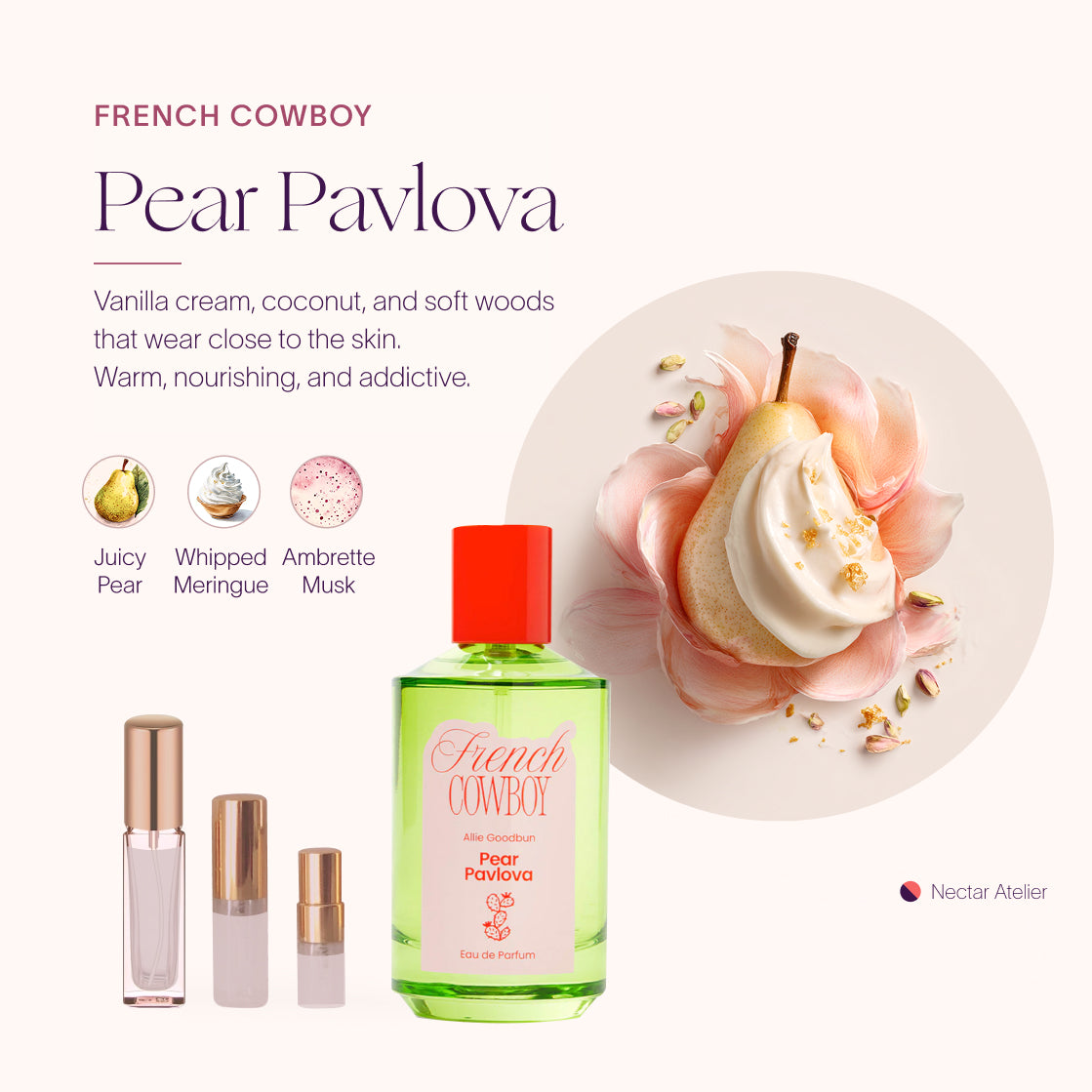 French Cowboy Pear Pavlova Samples 1ml, 2ml, 3ml, 5ml, 10ml and art collage by Nectar Atelier 
