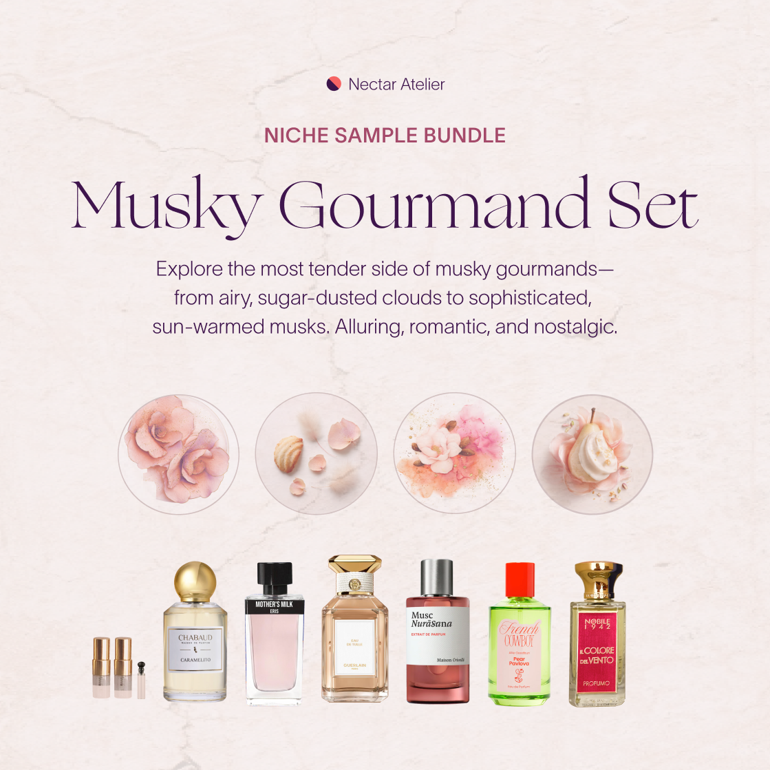 Musky Gourmand Sample Set 1ml, 2ml, 3ml Luxe, eco, artful samples and art collages by Nectar Atelier