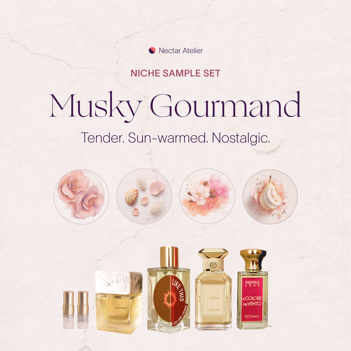 Musky Gourmand Sample Set 1ml, 2ml Luxe, eco, artful samples and art collages by Nectar Atelier