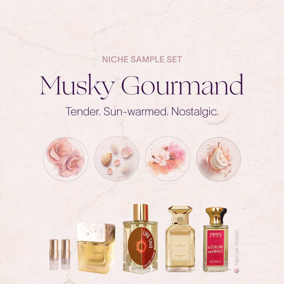 Musky Gourmand Sample Set 1ml, 2ml Luxe, eco, artful samples and art collages by Nectar Atelier