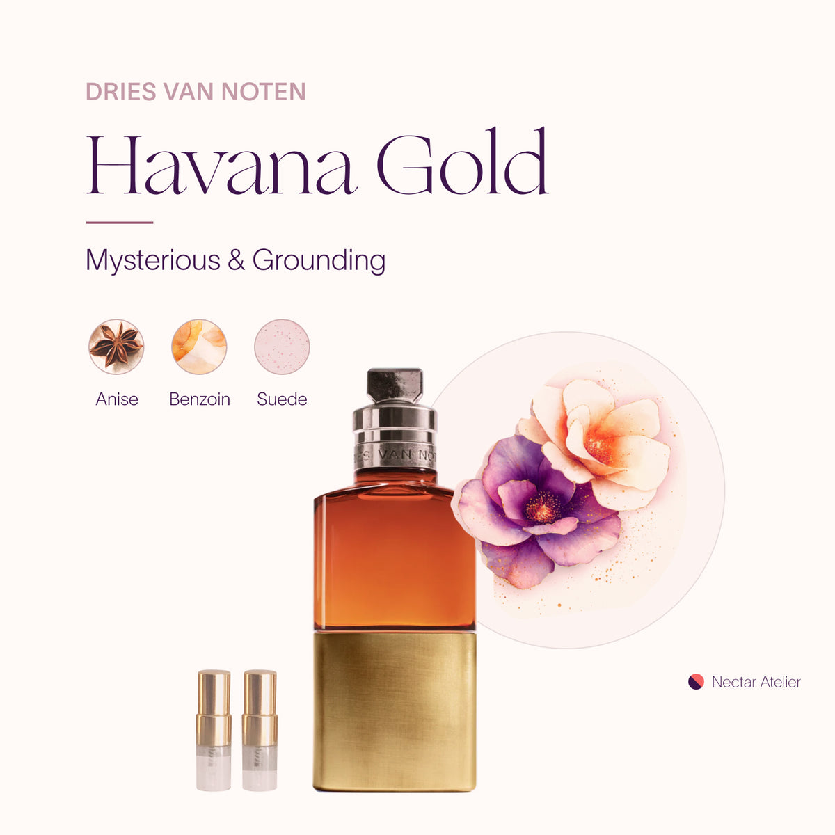 Luxe, eco. artful samples of Dries Van Noten Havana Gold luxe Sample Decants 1ml, 2ml sizes by Nectar Atelier