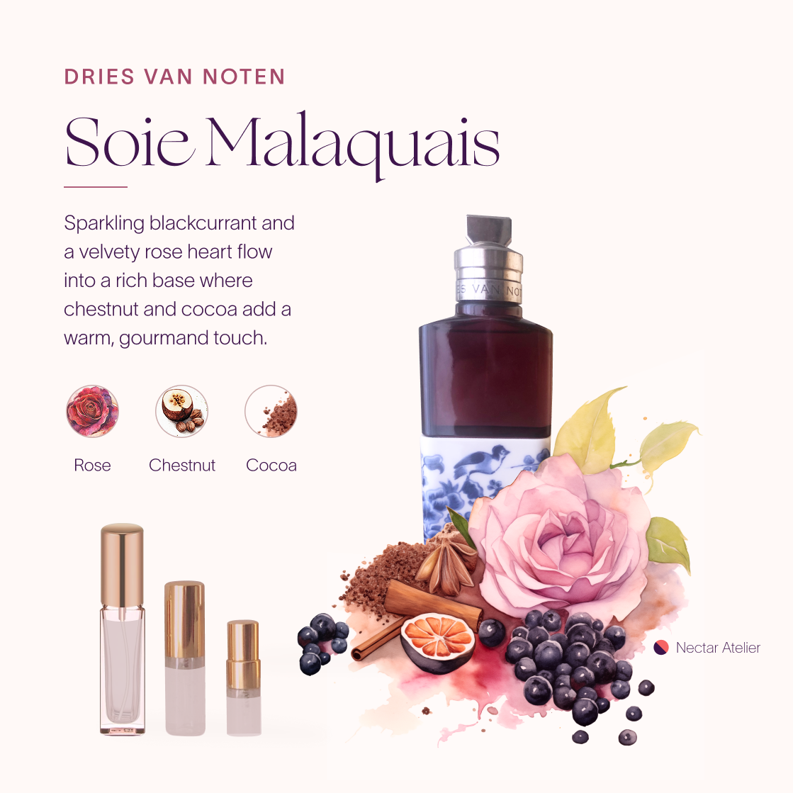 Dries Van Noten Soie Malaquais | Luxe Samples in 1ml, 2ml, 3ml, 5ml, glass atomizers and art collage by Nectar Atelier