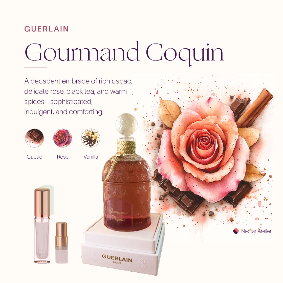 Luxe, authentic, artful Guerlain Gourmand Coquin Samples decants 1ml, 2ml, 3ml, 5ml, 10ml by Nectar ATelier