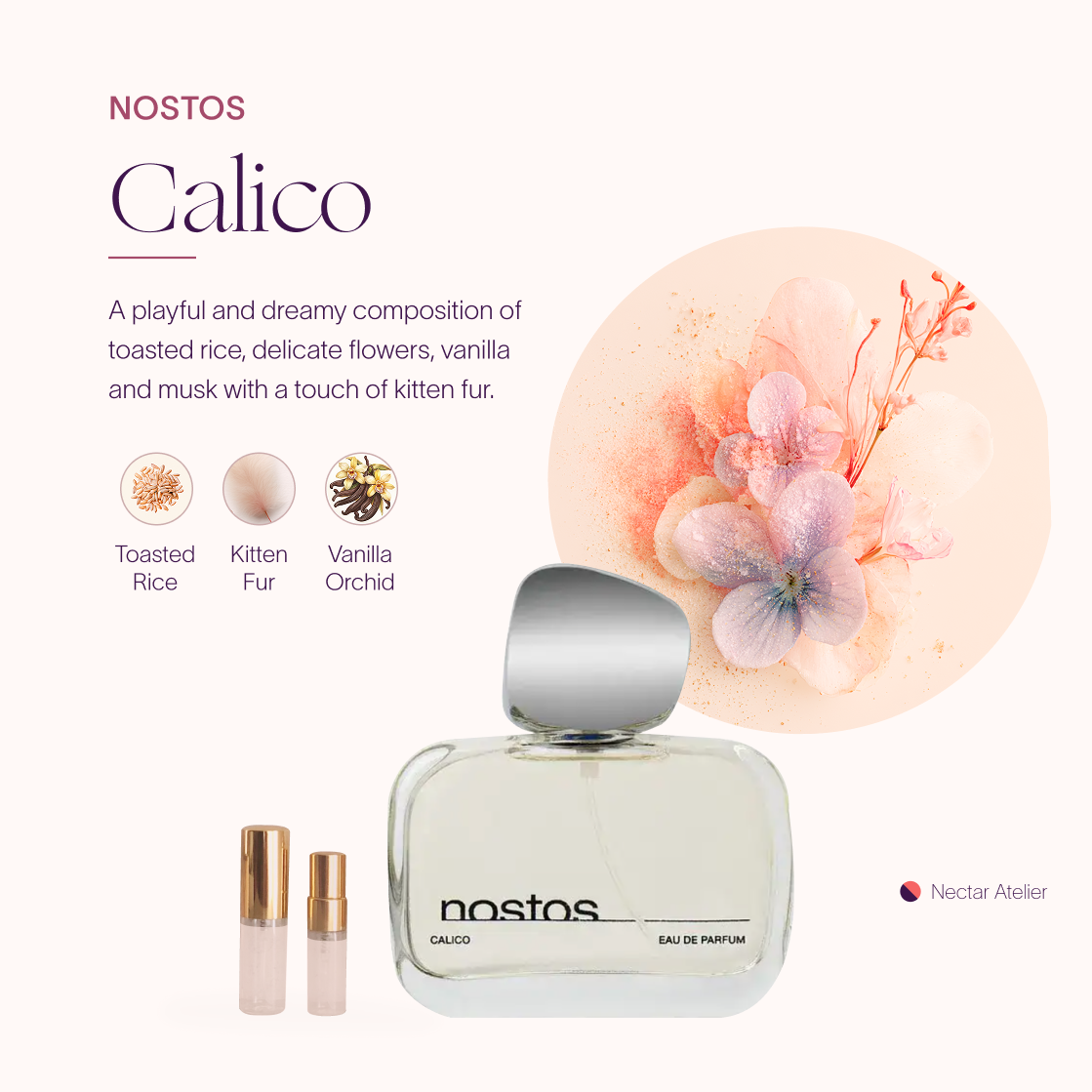 Nostos Calico EDP | Luxe Samples 1ml, 2ml, 3ml, 5ml and art collage by Nectar Atelier