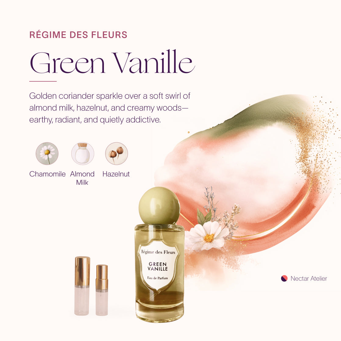 Régime des Fleurs Green Vanille Samples  & Decants 1ml, 2ml, 3ml, 5ml and art collage by Nectar Atelier