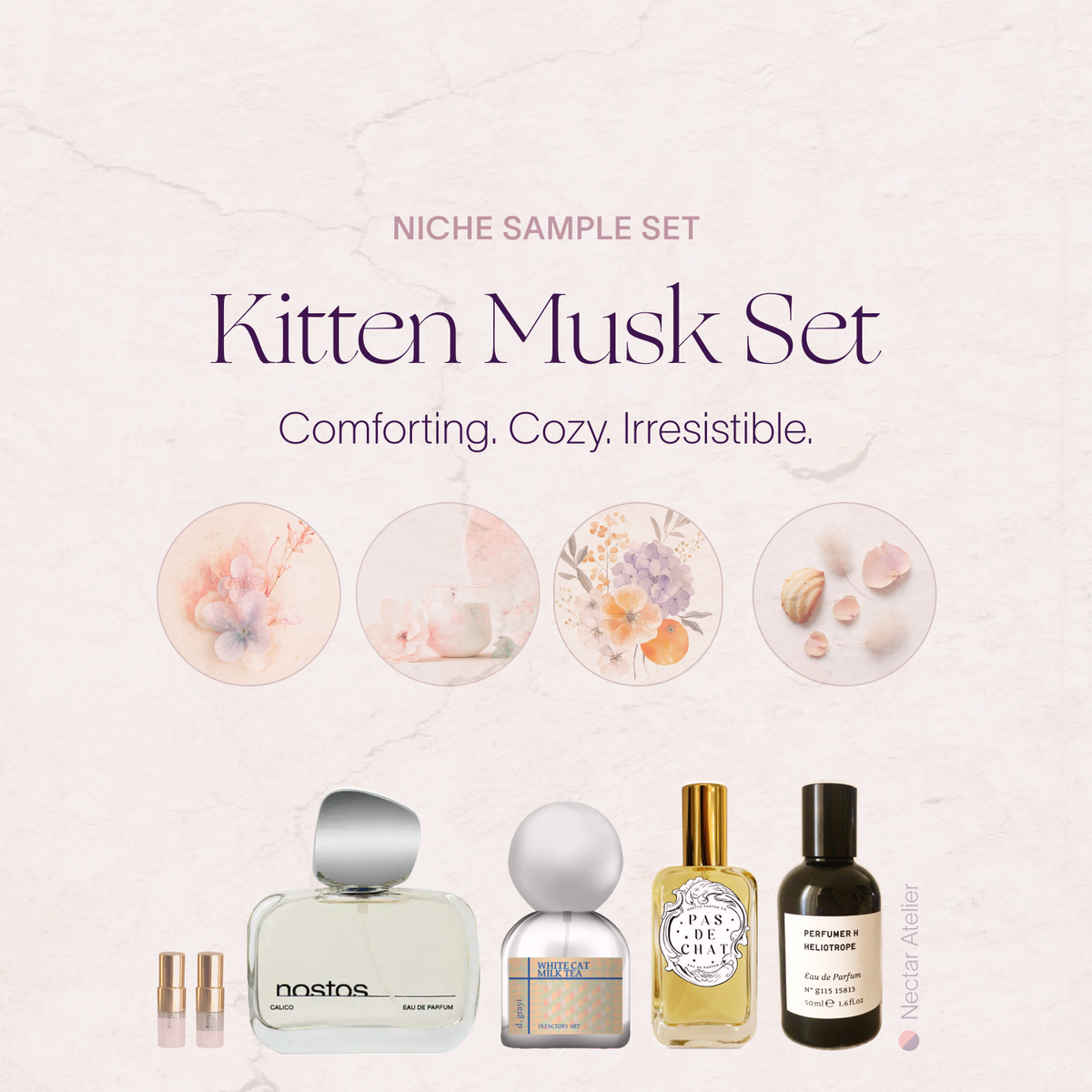 Kitten Musk Set | Artisanal Luxe Fragrance Samples 1ml, 2ml and art collage by Nectar Atelier