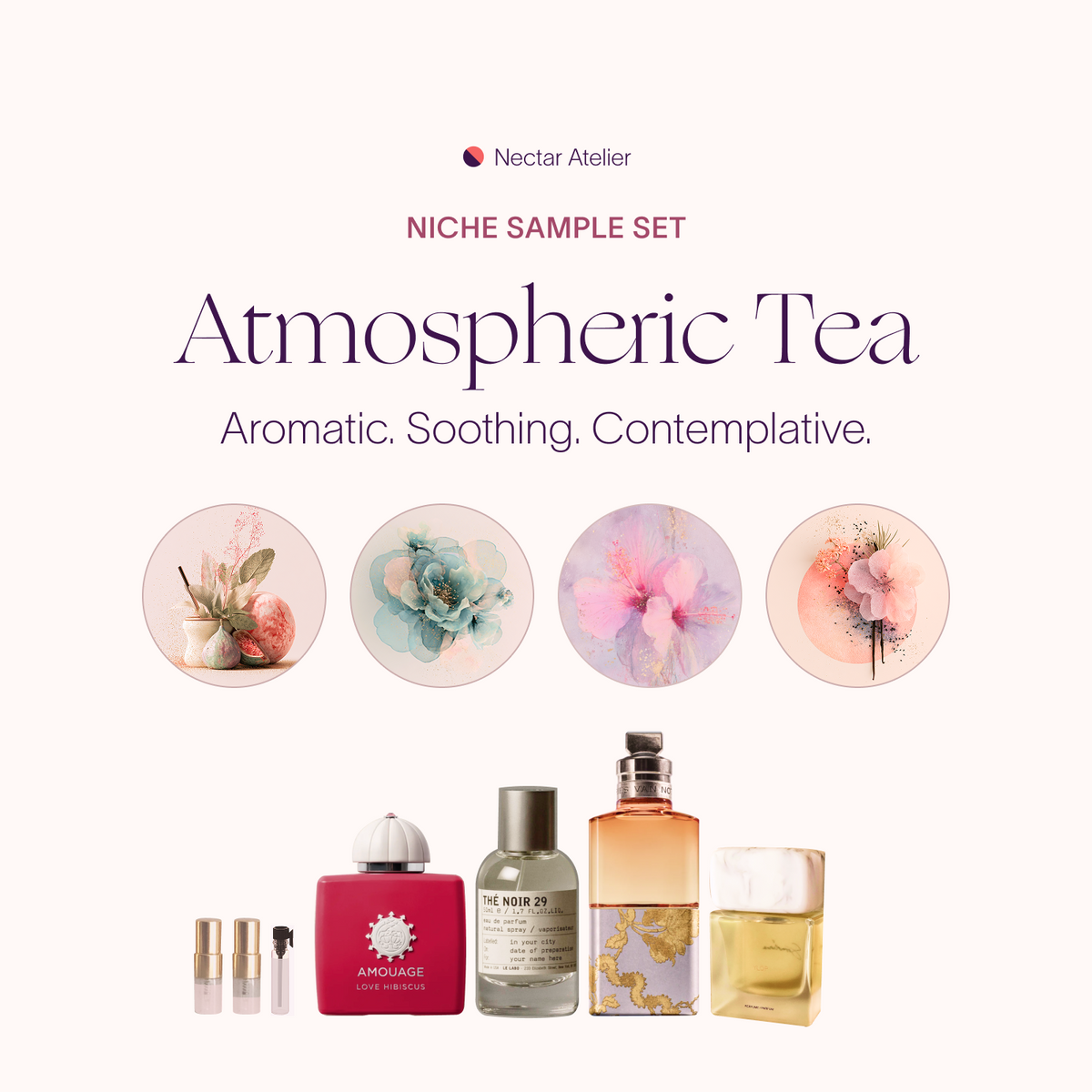 Atmospheric Tea Set | Artisanal Perfume Samples .5ml, 1ml, 2ml luxe, eco, artful samples decants by Nectar Atelier