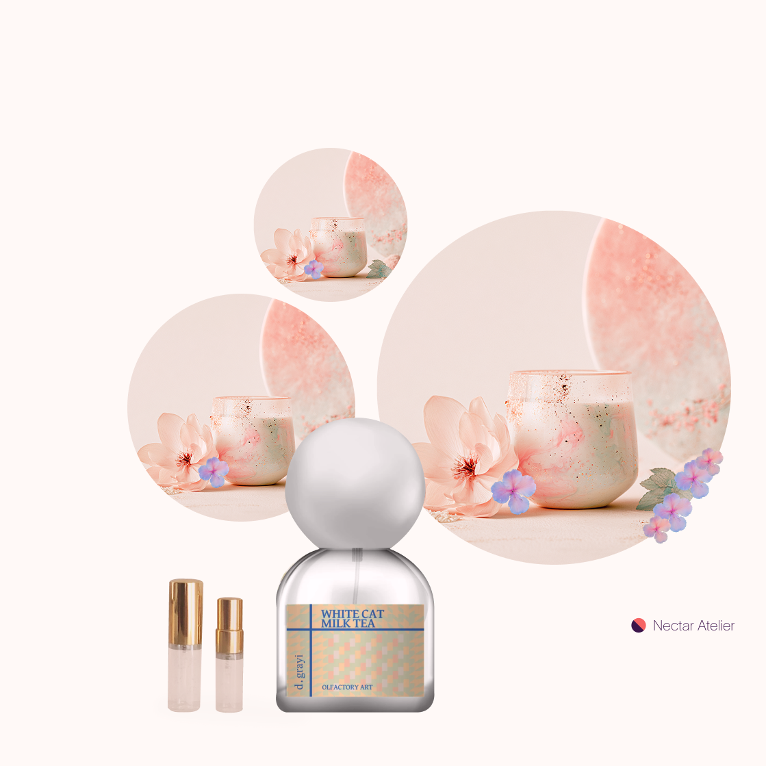 d.grayi White Cat Milktea | Luxe Samples 1ml, 2ml, 3ml, 5ml and art collage by Nectar Atelier