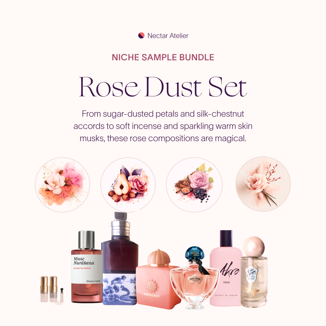 Rose Dust | Artisanal Luxe Sample Set with art illustrations 1ml, 2ml, 3ml 