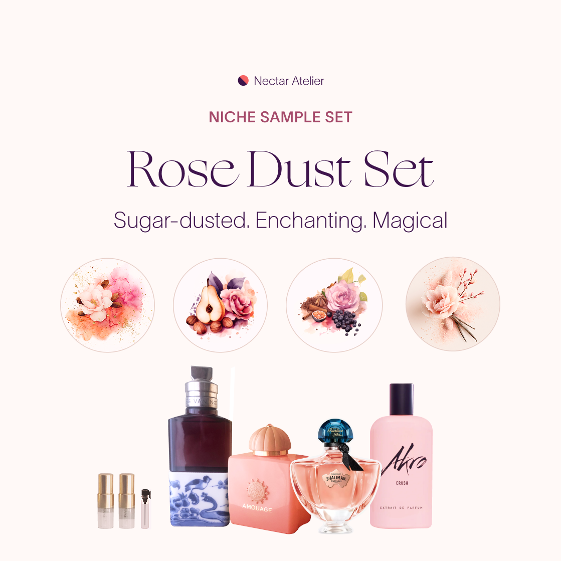 Rose Dust | Artisanal Luxe Sample Set with art illustrations 1ml, 2ml, 3ml 