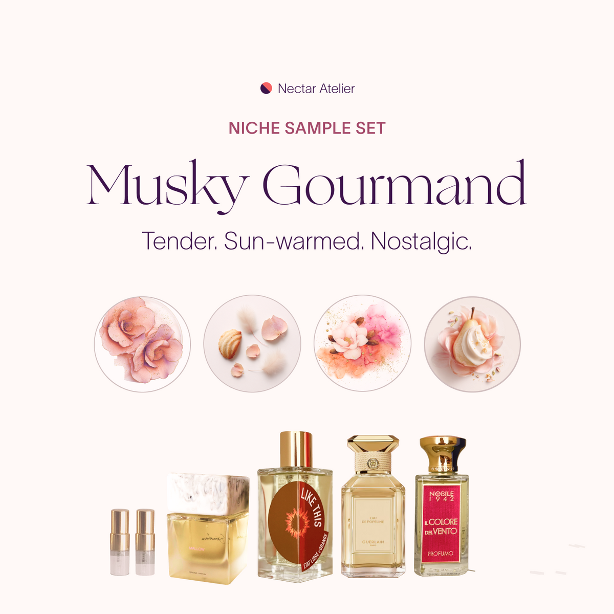 Musky Gourmand Sample Set 1ml, 2ml Luxe, eco, artful samples and art collages by Nectar Atelier