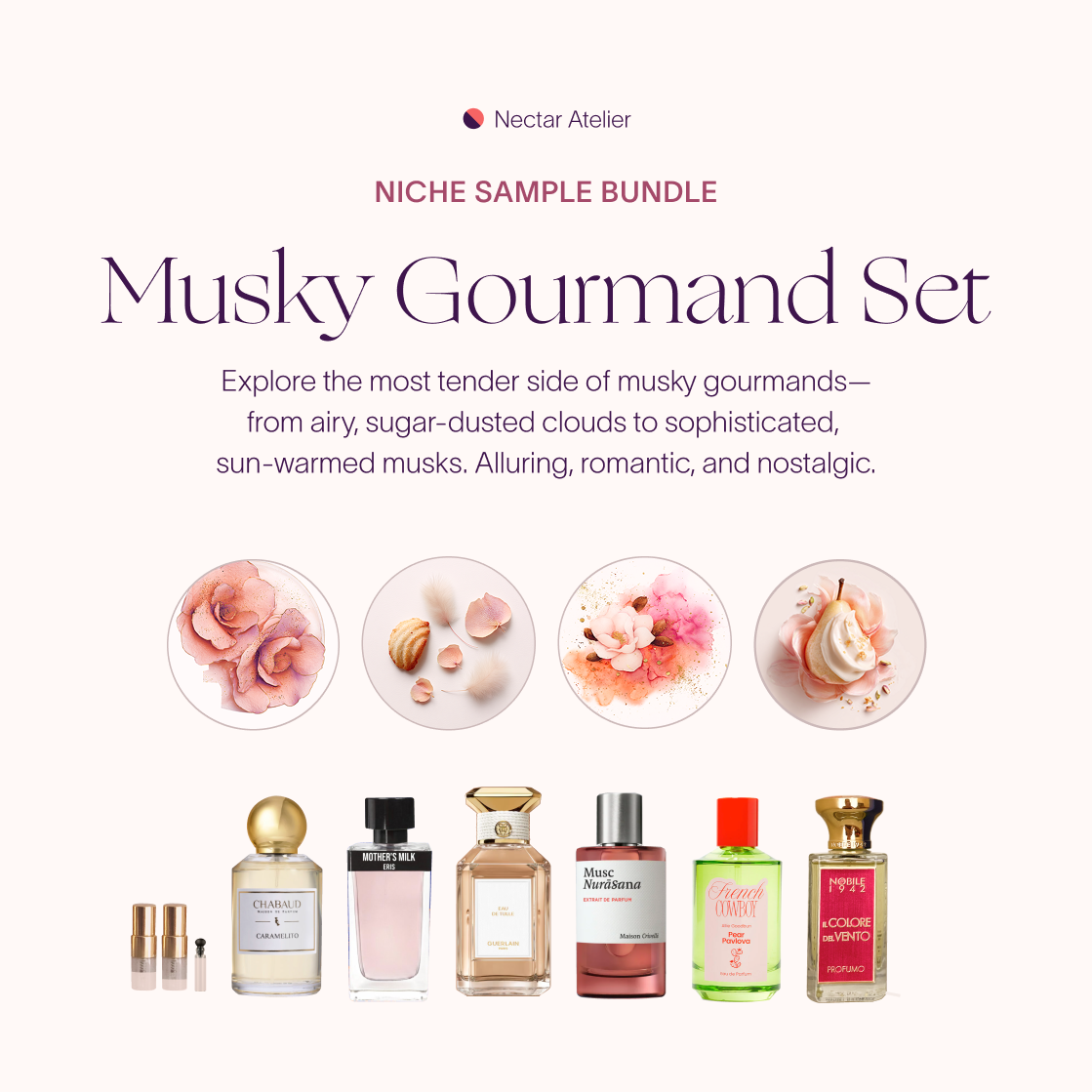 Musky Gourmand Set 1ml, 2ml, 3ml Luxe, eco, artful samples and art collages by Nectar Atelier