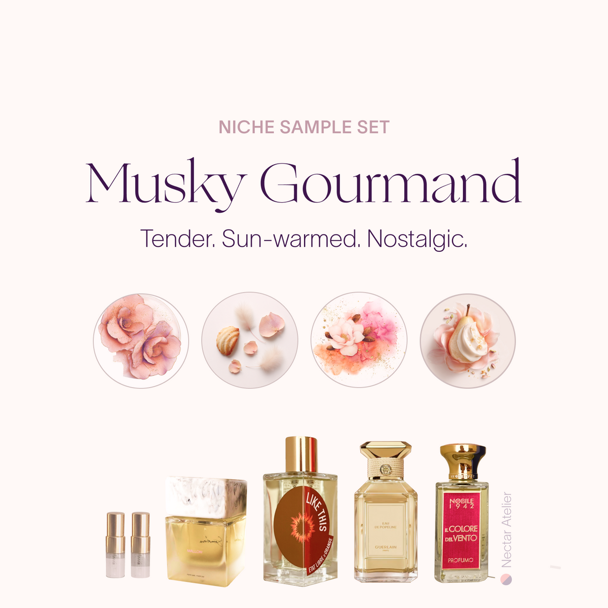 Musky Gourmand Sample Set 1ml, 2ml Luxe, eco, artful samples and art collages by Nectar Atelier