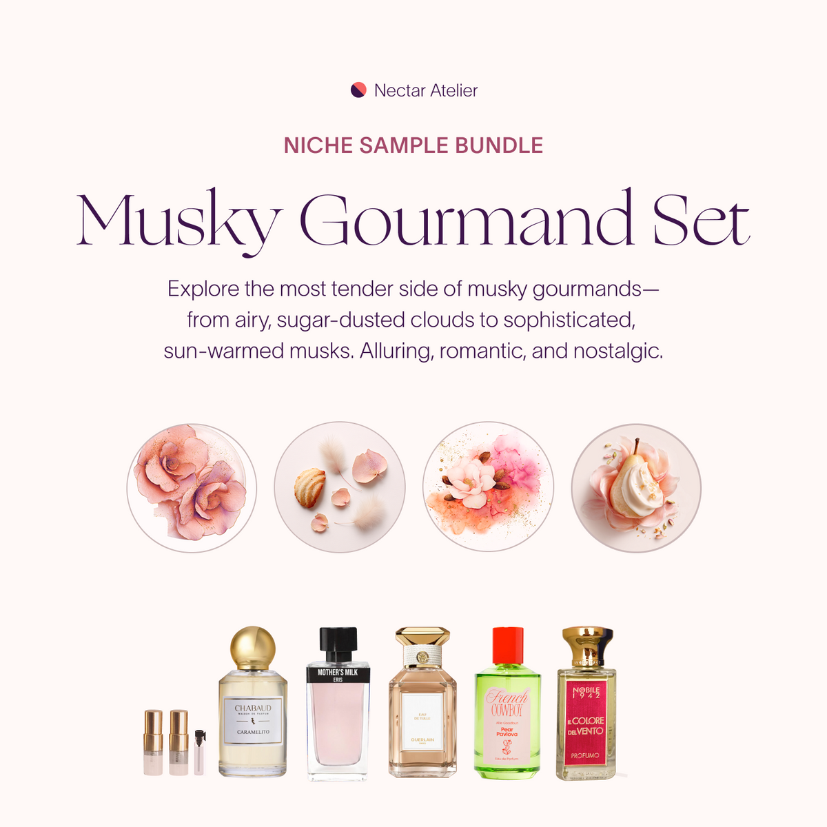 Musky Gourmand Sample Set 1ml, 2ml, 3ml Luxe, eco, artful samples and art collages by Nectar Atelier