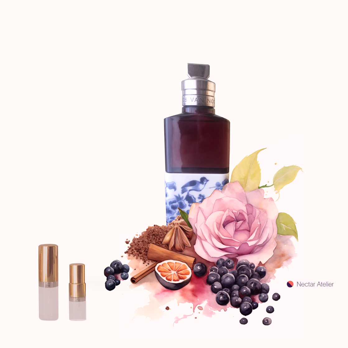 Dries Van Noten Soie Malaquais | Luxe Samples in 1ml, 2ml, 3ml, 5ml, glass atomizers and art collage by Nectar Atelier
