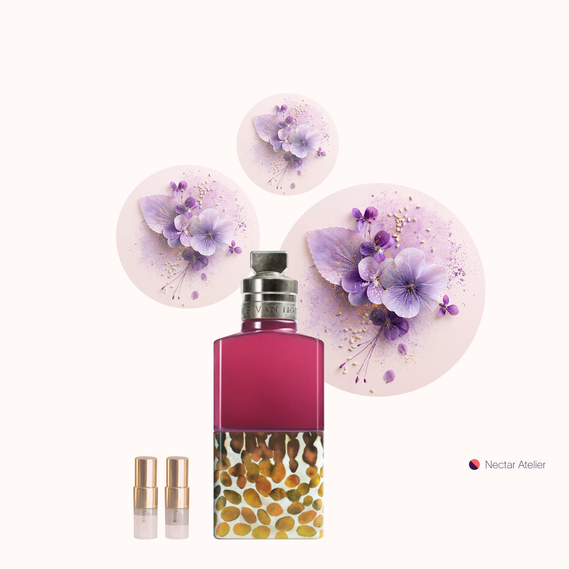 Velvet Violet by Dries Van Noten Perfume Sample Set 1ml 2ml and art collage by Nectar Atelier