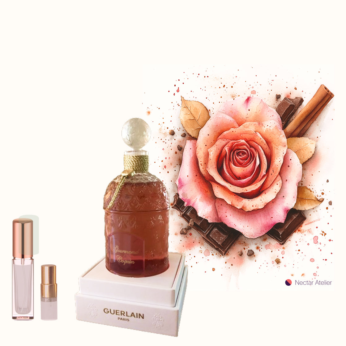 Luxe, authentic, artful Guerlain Gourmand Coquin Samples decants 1ml, 2ml, 3ml, 5ml, 10ml by Nectar ATelier