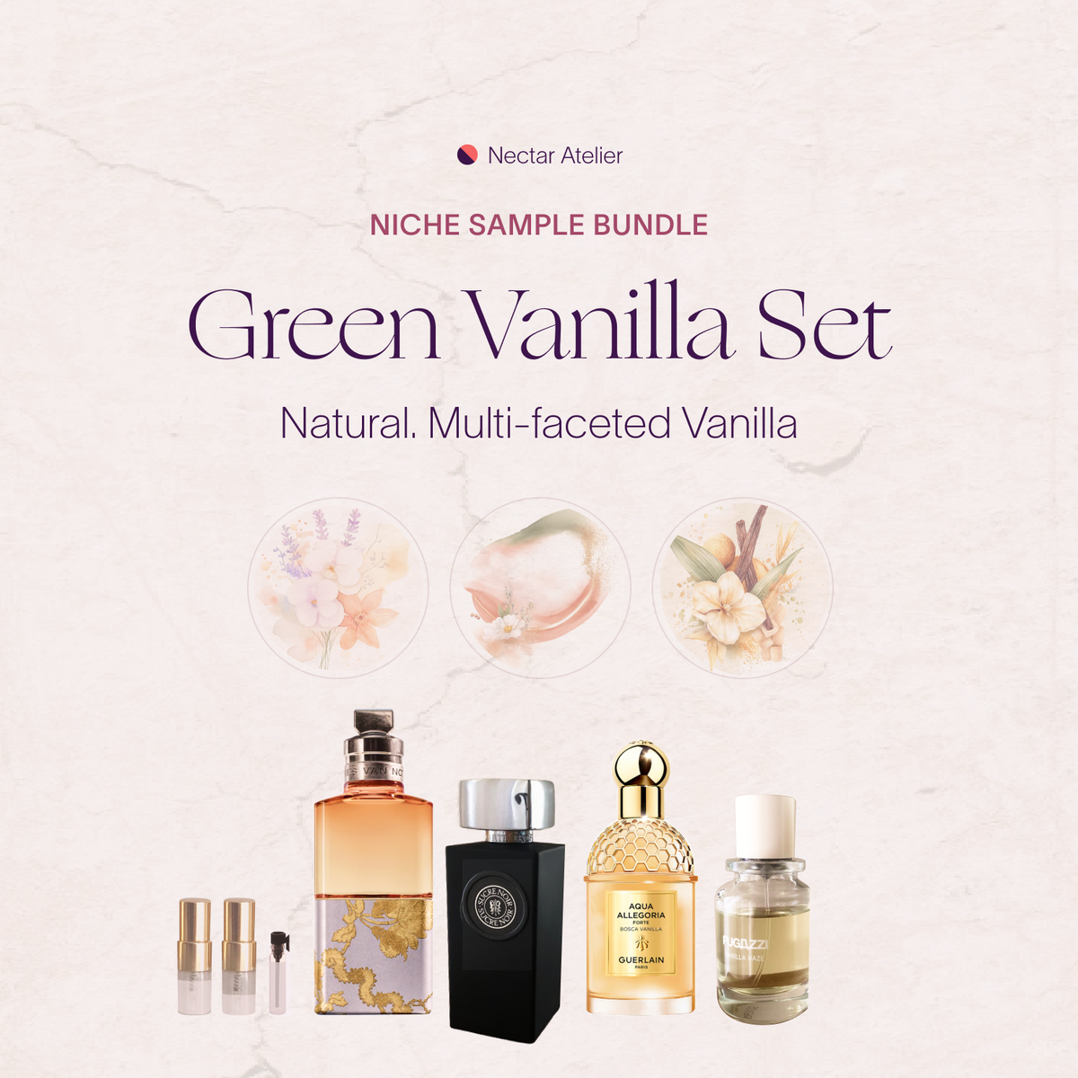 Green Vanilla Set | Luxe, eco, artful Perfume Niche Samples 1ml, 2ml by Nectar Atelier