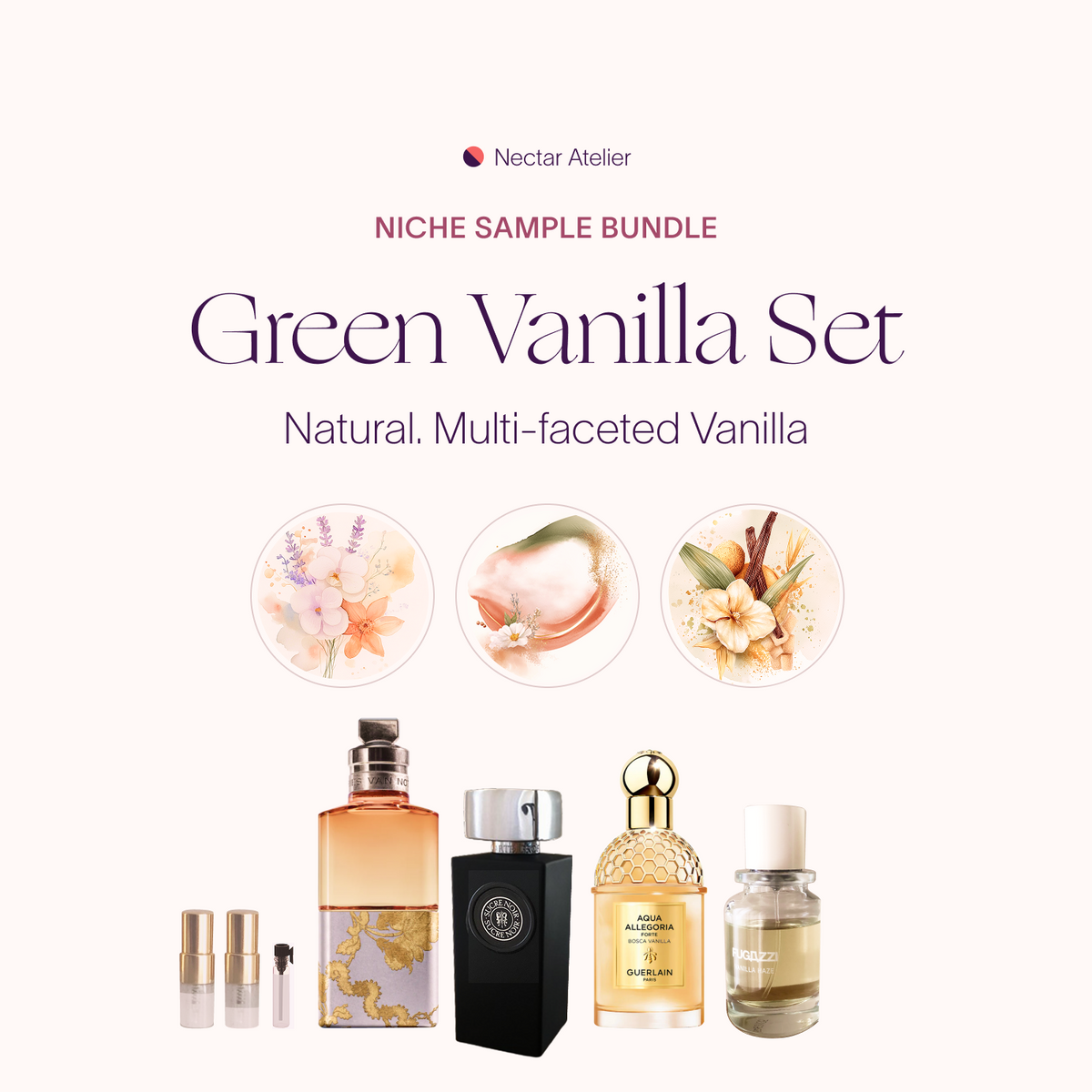 Green Vanilla Set | Luxe, eco, artful Perfume Niche Samples 1ml, 2ml by Nectar Atelier