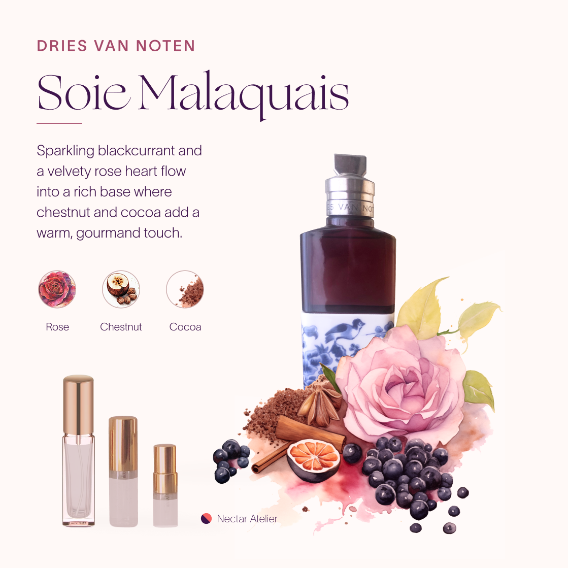 Soie Malaquais by Dries Van Noten Perfume Sample Set 1ml 2ml and art collage by Nectar Atelier