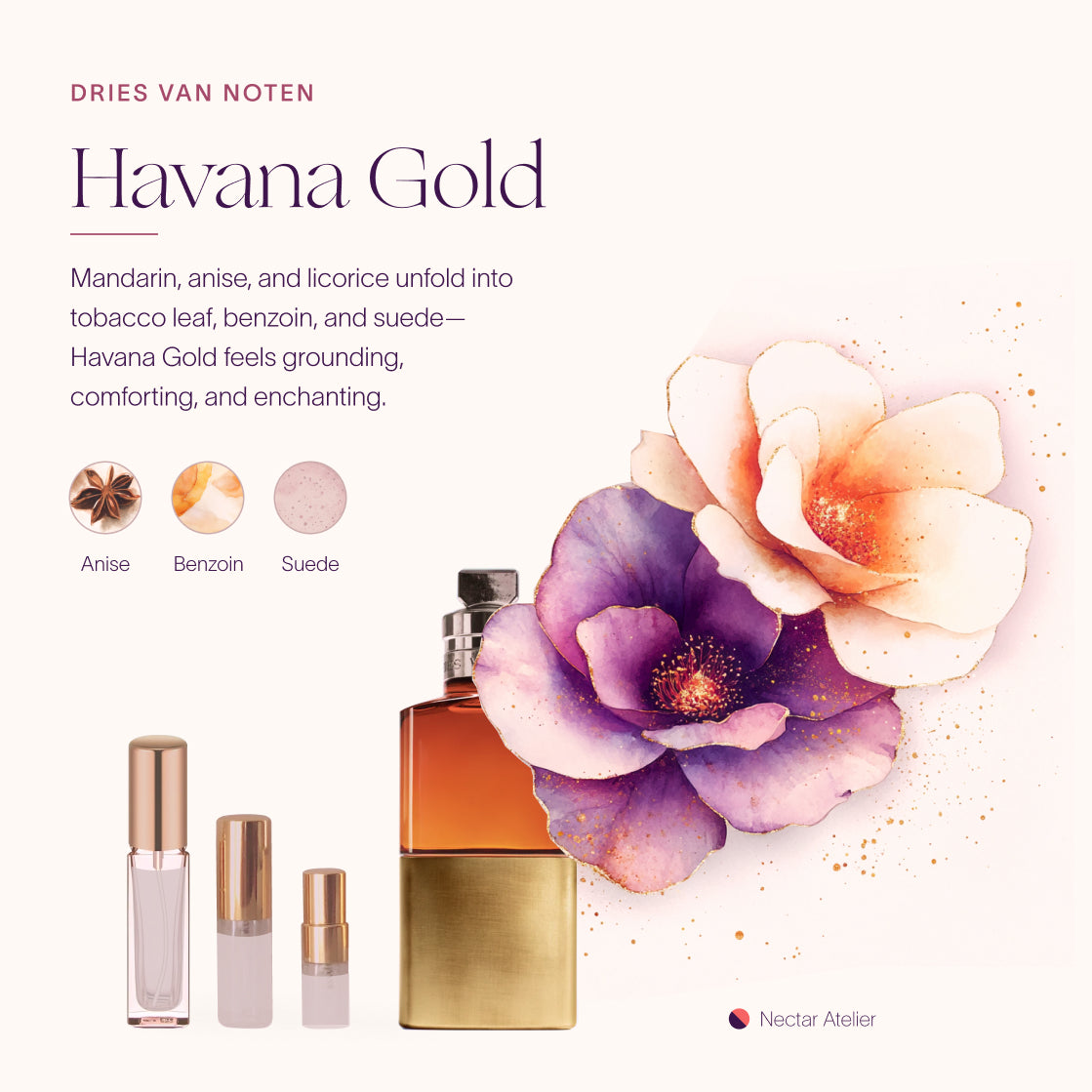 Dries Van Noten Havana Gold luxe Sample Decants 1ml, 2ml, 3ml, 5ml, 10ml and art collage by Nectar Atelier